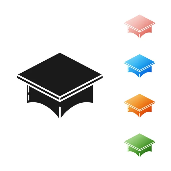 Icono de la tapa de graduación negra aislado sobre fondo blanco. Sombrero de graduación con icono de borla. Establecer iconos de colores. Ilustración vectorial — Vector de stock