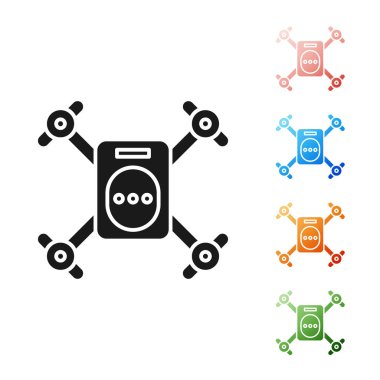 Siyah drone eylem video kamera simgesi beyaz arka planda izole ile uçan. Video ve fotoğraf kamera sembolü ile quadrocopter. Simgeler renkli ayarlayın. Vektör Illustration