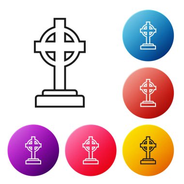 Beyaz arka planda çapraz simgesi olan siyah çizgi Tombstone. Mezar ikonu. Renkli daire düğmelerini ayarlayın. Vektör İllüstrasyonu