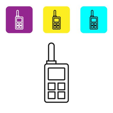 Beyaz arkaplanda siyah çizgi telsiz ikonu izole edildi. Taşınabilir radyo vericisi simgesi. Radyo alıcı-vericisi işareti. Renkli kare düğmeleri ayarlayın. Vektör İllüstrasyonu