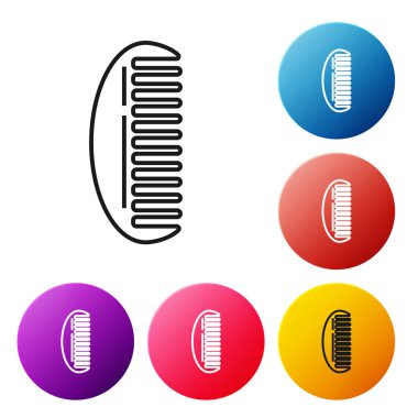 Beyaz arkaplanda siyah çizgi saç fırçası simgesi izole edildi. Taraklı saç işareti. Berber sembolü. Renkli daire düğmelerini ayarlayın. Vektör İllüstrasyonu