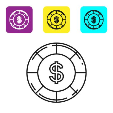 Beyaz arka planda dolar sembolü olan siyah çizgi kumarhane çipi. Kumarhane kumarı. Renkli kare düğmeleri ayarlayın. Vektör İllüstrasyonu