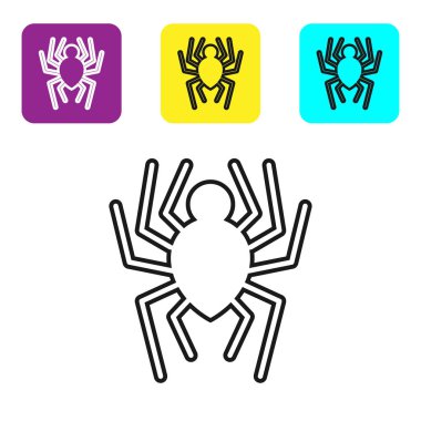 Siyah çizgi Örümcek simgesi beyaz arkaplanda izole edildi. Mutlu Cadılar Bayramı Partisi. Renkli kare düğmeleri ayarlayın. Vektör İllüstrasyonu