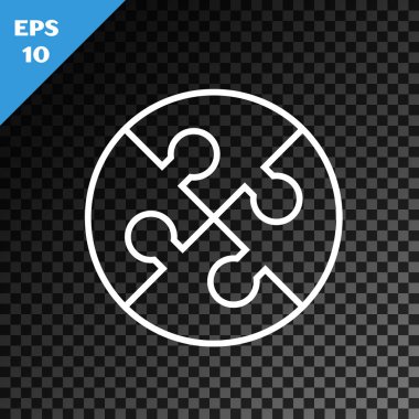 Beyaz çizgi yapboz parçası, şeffaf koyu arkaplanda izole edilmiş. İş, pazarlama, finans, şablon, düzen, bilgi grafikleri, internet konsepti. Vektör İllüstrasyonu