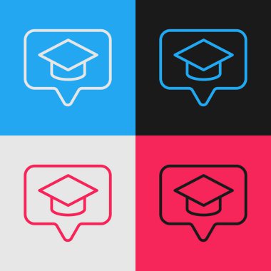Renk arkaplanı üzerinde izole edilmiş konuşma balonu simgesindeki renk çizgisi mezuniyet başlığı. Tassel ikonlu mezuniyet şapkası. Klasik tarzda çizim. Vektör İllüstrasyonu