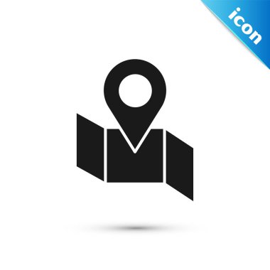 Beyaz arkaplanda konum belirleyici simgesi olan siyah katlı harita. Vektör İllüstrasyonu