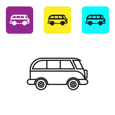 Siyah çizgi Retro minivan simgesi beyaz arkaplanda izole edildi. Eski klasik seyahat minibüsü. Renkli kare düğmeleri ayarlayın. Vektör İllüstrasyonu