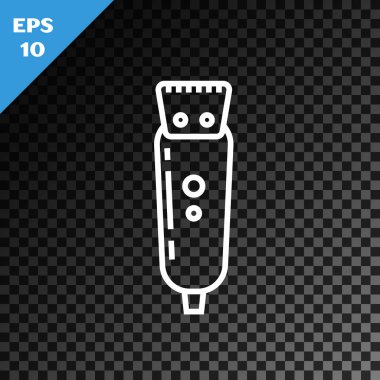Beyaz çizgi elektrikli saç kırpma makinesi ya da traş makinesi simgesi şeffaf koyu arkaplanda izole edilmiş. Berber dükkanı sembolü. Vektör İllüstrasyonu