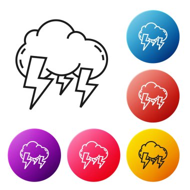 Siyah çizgi Storm simgesi beyaz arkaplanda izole edildi. Bulut ve şimşek işareti. Fırtınanın hava durumu ikonu. Renkli daire düğmelerini ayarlayın. Vektör İllüstrasyonu