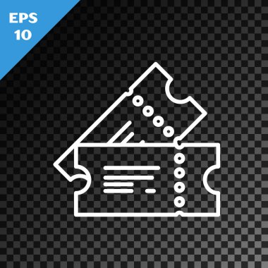 Beyaz çizgi sinema bileti simgesi şeffaf koyu arkaplanda izole edildi. Vektör İllüstrasyonu