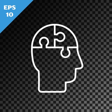 Beyaz çizgi insan kafası bulmaca stratejisi simgesi şeffaf karanlık arka planda izole edildi. Beyin işaretini düşünüyorum. Beynin sembol çalışması. Vektör İllüstrasyonu