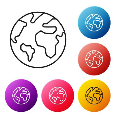 Siyah çizgi Dünya dünya simgesi beyaz arka plan üzerinde izole. Dünya veya Dünya işareti. Küresel internet sembolü. Geometrik şekiller. Simgeleri renkli daire düğmeleri ayarlayın. Vektör İllüstrasyonu