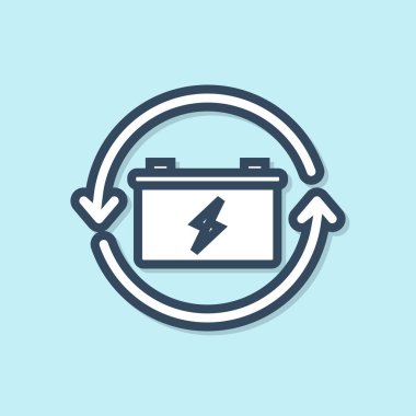 Geri dönüşüm sembolü simgesi olan mavi çizgi pili mavi arkaplanda izole edilmiş. Geri dönüşüm sembollü pil - yenilenebilir enerji konsepti. Vektör İllüstrasyonu