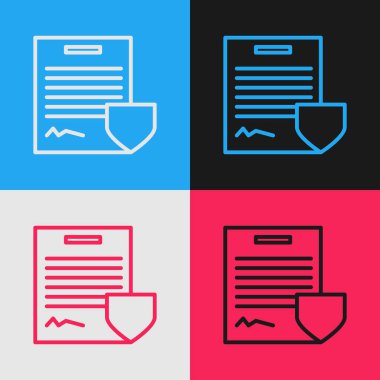 Renk arkaplanında kalkan simgesi olan renk çizgisi sözleşmesi. Sigorta konsepti. Güvenlik, güvenlik, koruma, konsept koruma. Klasik tarzda çizim. Vektör İllüstrasyonu