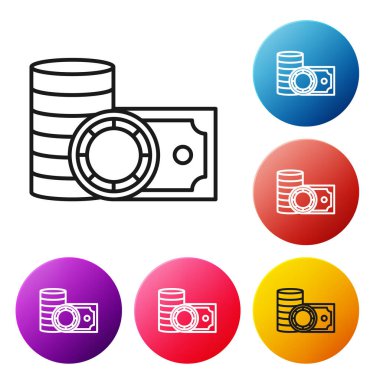 Siyah çizgi kumarhane fişleri ve desteler kağıt para nakit ikonu beyaz arka planda izole. Kumarhane kumarı. Renkli daire düğmelerini ayarlayın. Vektör İllüstrasyonu