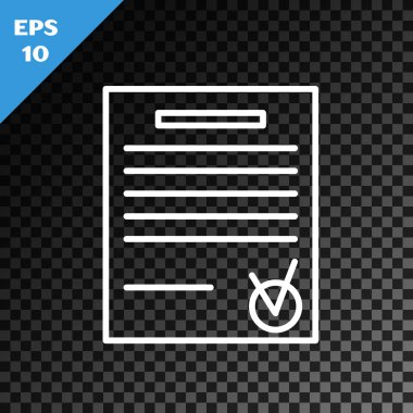 Beyaz çizgi onaylandı belge ve işaretleme simgesi şeffaf koyu arkaplanda izole edildi. Kontrol listesi simgesi. İş konsepti. Vektör İllüstrasyonu