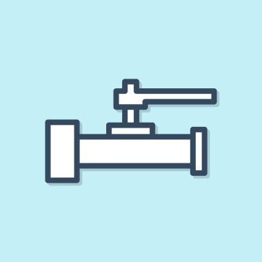 Mavi çizgi endüstrisi metalik borular ve mavi arka planda izole edilmiş kapakçık simgesi. Vektör İllüstrasyonu