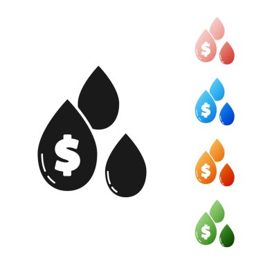 Beyaz zemin üzerinde dolar sembolü olan siyah yağ damlası. Simgeleri renklendirin. Vektör İllüstrasyonu