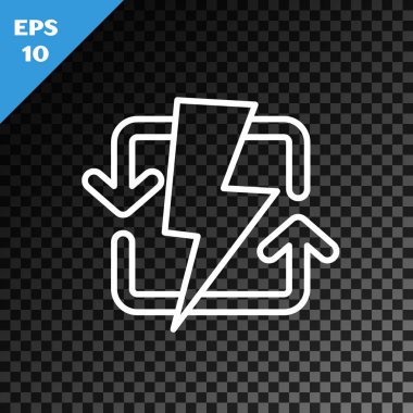 Beyaz çizgi yeniden yükleme simgesi şeffaf koyu arkaplanda izole edildi. Elektrik enerjisi işareti. Vektör İllüstrasyonu