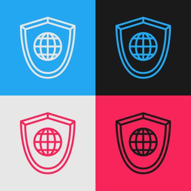 Renk arkaplanında dünya küresi simgesi olan renk çizgisi kalkanı. Güvenlik, güvenlik, koruma, gizlilik kavramı. Klasik tarzda çizim. Vektör İllüstrasyonu