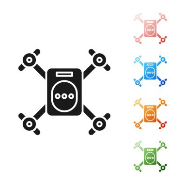 Siyah drone eylem video kamera simgesi beyaz arka planda izole ile uçan. Video ve fotoğraf kamera sembolü ile quadrocopter. Simgeler renkli ayarlayın. Vektör Illustration