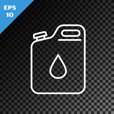 Benzin ikonu için beyaz çizgi teneke kutu şeffaf karanlık arka planda izole edildi. Dizel gaz ikonu. Vektör İllüstrasyonu