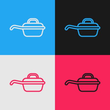 Renk çizgisi kızartma tavası simgesi renk arkaplanında izole edildi. Kızartma veya kızartma gıda sembolü. Klasik tarzda çizim. Vektör İllüstrasyonu