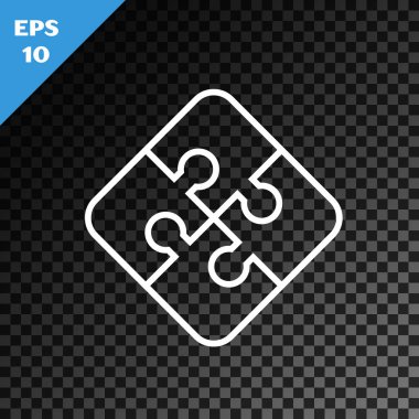 Beyaz çizgi yapboz parçası, şeffaf koyu arkaplanda izole edilmiş. İş, pazarlama, finans, şablon, düzen, bilgi grafikleri, internet konsepti. Vektör İllüstrasyonu