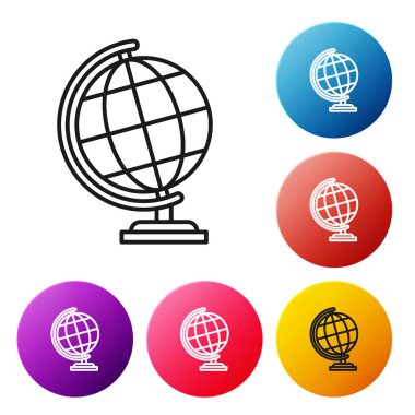 Black line Earth globe icon isolated on white background. Set icons colorful circle buttons. Vector Illustration