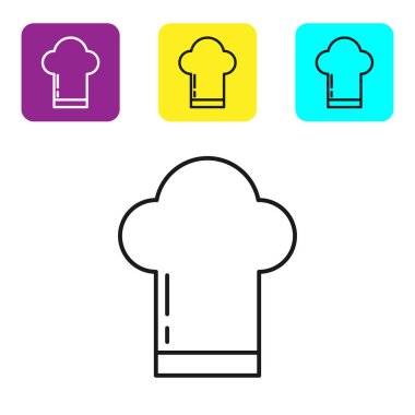 Siyah çizgi Şefi şapkası simgesi beyaz arkaplanda izole edildi. Aşçılık sembolü. Aşçı şapkası. Renkli kare düğmeleri ayarlayın. Vektör İllüstrasyonu