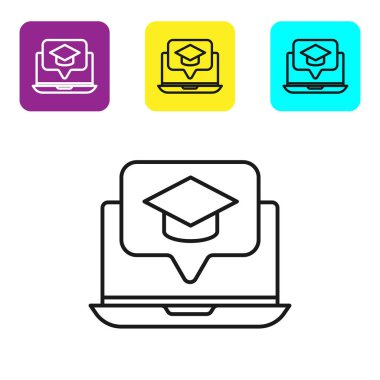 Ekran dizüstü bilgisayarındaki siyah çizgi mezuniyet başlığı beyaz arkaplanda izole edilmiş. Çevrimiçi öğrenme ya da e-öğrenme kavramı. Renkli kare düğmeleri ayarlayın. Vektör İllüstrasyonu