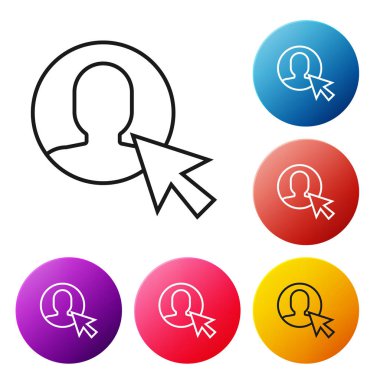 Siyah çizgi kullanıcısı beyaz arka planda izole edilmiş takım elbiseli adam simgesi. İş simgesi - kullanıcı profili simgesi. Erkek kullanıcı işareti. Renkli daire düğmelerini ayarlayın. Vektör İllüstrasyonu