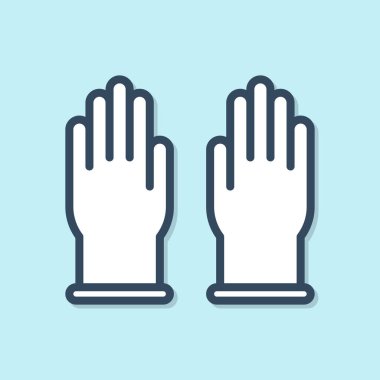 Mavi çizgi lastik eldiven ikonu mavi arka planda izole edildi. Lateks el koruması işareti. Ev işi temizlik ekipmanları sembolü. Vektör İllüstrasyonu