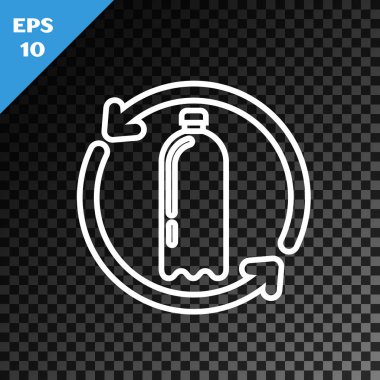 Beyaz çizgi geri dönüşüm plastik şişe simgesi şeffaf karanlık arka planda izole. Vektör İllüstrasyonu