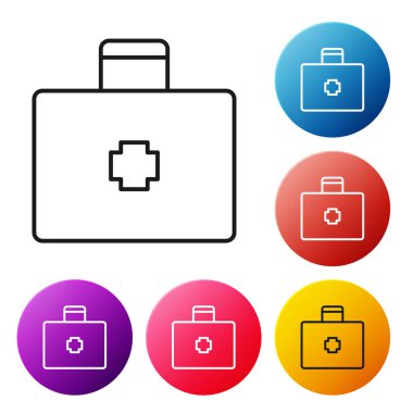 Siyah çizgi ilk yardım çantası simgesi beyaz arkaplanda izole edildi. Haçlı sağlık kutusu. Acil durumlar için tıbbi ekipman. Sağlık sigortası konsepti. Renkli daire düğmelerini ayarlayın. Vektör İllüstrasyonu