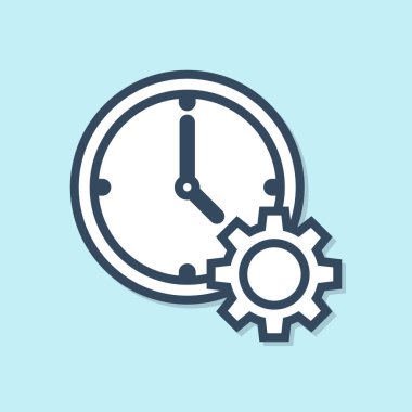 Mavi çizgi Zaman Yönetimi simgesi mavi arka planda yalıtılmış. Saat ve dişli işareti. Verimlilik sembolü. Vektör İllüstrasyonu