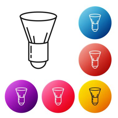 Beyaz arkaplanda siyah çizgi tıraş fırçası simgesi izole edildi. Berber dükkanı sembolü. Renkli daire düğmelerini ayarlayın. Vektör İllüstrasyonu