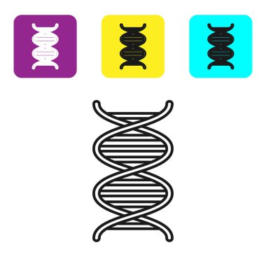 Beyaz arka planda siyah çizgi DNA sembolü simgesi izole edildi. Renkli kare düğmeleri ayarlayın. Vektör İllüstrasyonu