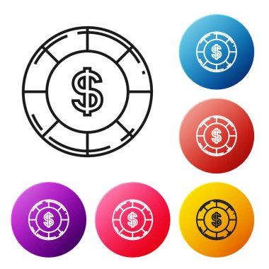 Beyaz arka planda dolar sembolü olan siyah çizgi kumarhane çipi. Kumarhane kumarı. Renkli daire düğmelerini ayarlayın. Vektör İllüstrasyonu