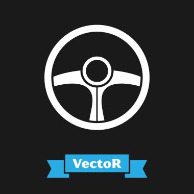 Beyaz direksiyon simgesi siyah arkaplanda izole edildi. Araba tekeri ikonu. Vektör İllüstrasyonu