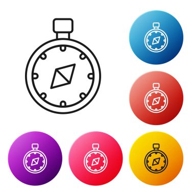 Beyaz arka planda yalıtılmış siyah çizgi Pusula simgesi. Windrose navigasyon sembolü. Rüzgar gülü işareti. Simgeleri renkli daire düğmeleri ayarlayın. Vektör İllüstrasyonu