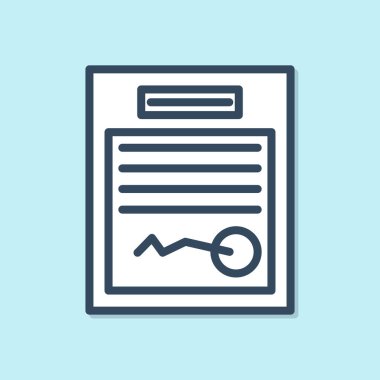 Mavi çizgi doldurulmuş form simgesi mavi arkaplanda izole edildi. Dosya simgesi. Kontrol listesi simgesi. İş konsepti. Vektör İllüstrasyonu