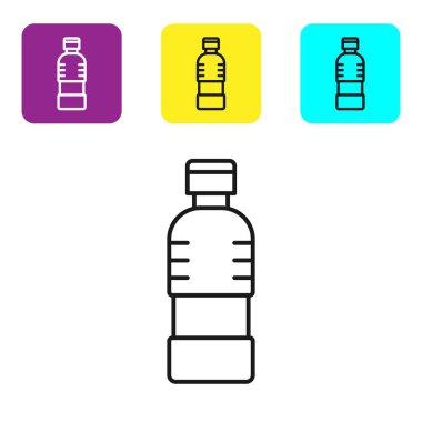 Beyaz arka plan üzerinde izole su simgesi siyah çizgi Şişe. Soda su içecek işareti. Simgeleri renkli kare düğmeleri ayarlayın. Vektör İllüstrasyonu