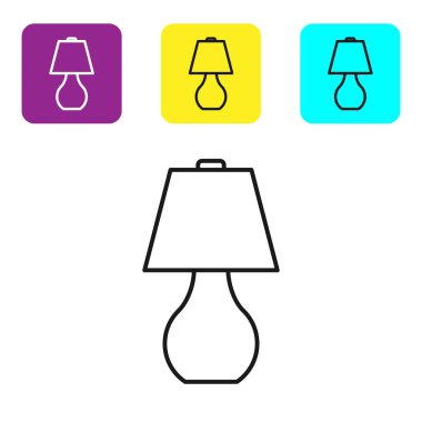 Beyaz arkaplanda siyah çizgi masa lambası simgesi izole edildi. Renkli kare düğmeleri ayarlayın. Vektör İllüstrasyonu