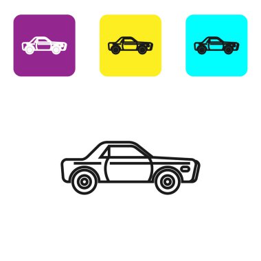 Siyah çizgili Sedan araba simgesi beyaz arkaplanda izole edildi. Renkli kare düğmeleri ayarlayın. Vektör İllüstrasyonu