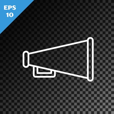 Beyaz çizgi Megafon simgesi, şeffaf koyu arkaplanda izole edildi. Sözcü işareti. Vektör İllüstrasyonu