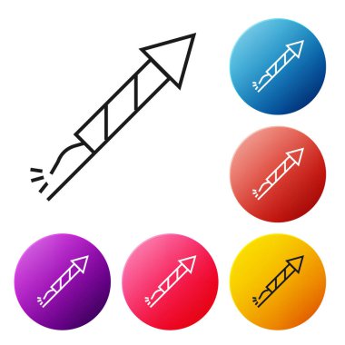 Siyah çizgi Havai fişek roket simgesi beyaz arka plan üzerinde izole. Eğlenceli parti kavramı. Patlayıcı piroteknik sembol. Simgeleri renkli daire düğmeleri ayarlayın. Vektör İllüstrasyonu