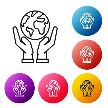Siyah çizgi insan eli, beyaz zemin üzerinde Dünya 'nın ikonunu tutuyor. Dünya kavramını sakla. Renkli daire düğmelerini ayarlayın. Vektör İllüstrasyonu