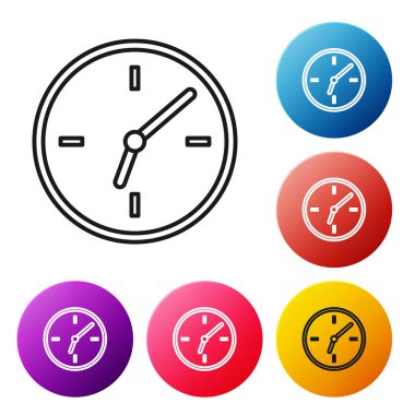 Beyaz arka planda yalıtılmış siyah çizgi Saat simgesi. Zaman sembolü. Simgeleri renkli daire düğmeleri ayarlayın. Vektör İllüstrasyonu