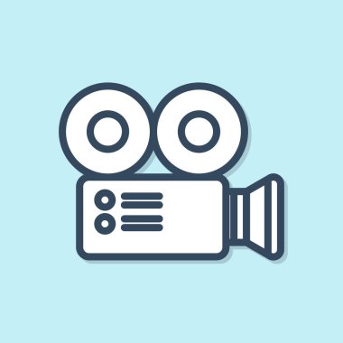 Mavi çizgi Sinema kamera simgesi mavi arka plan üzerinde izole. Video kamera. Film tabelası. Film projektörü. Vektör İllüstrasyonu